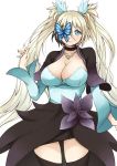  1girl black_legwear blonde_hair blue_eyes blush breasts butterfly_eyepatch choker cleavage cleavage_cutout jewelry long_hair long_sleeves looking_at_viewer necklace original pas_(paxiti) pointy_ears simple_background solo thigh-highs twintails very_long_hair white_background 