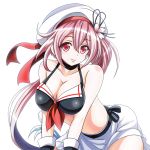  1girl adapted_costume bent_over beret bikini black_bikini breasts cleavage collarbone flower front-tie_bikini front-tie_top gloves harusame_(kantai_collection) hat hat_flower hat_ribbon kantai_collection large_breasts leaning_forward long_hair looking_at_viewer neckerchief pink_eyes pink_hair ribbon side_ponytail simple_background smile solo swimsuit tk8d32 upper_body v_arms very_long_hair white_background 