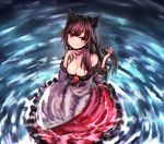  1girl animal_ears bare_shoulders breasts brooch brown_hair chin_rest cleavage dress fingernails hand_in_hair highres holding_hair imaizumi_kagerou jewelry large_breasts long_hair long_sleeves looking_at_viewer pyonsuke0141 red_eyes smile solo touhou wading wolf_ears 