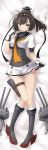  1girl akizuki_(kantai_collection) black_eyes black_hair blush boots chou-10cm-hou-chan dakimakura gloves grey_boots hair_ornament headband highres kantai_collection knee_boots kochipu metal_boots school_uniform serafuku short_hair skirt smile solo thigh_gap thigh_strap 