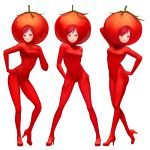  1girl bodysuit bon_nob color_connection food_themed_clothes looking_at_viewer love_live!_school_idol_project nishikino_maki pose redhead short_hair simple_background skin_tight smile tomato tomato_costume violet_eyes 