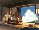  2girls architecture barefoot blue_sky cat closed_eyes clouds drinking_glass east_asian_architecture electric_fan indoors kneeling multiple_girls open_mouth original sasakure_(mogunonbi) sitting skirt sky summer tatami tray 