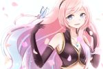  1girl black_gloves blue_eyes breasts butterfly cleavage elbow_gloves gloves hairband jewelry long_hair megurine_luka open_mouth pendant petals pink_hair smile solo vocaloid yamagara 