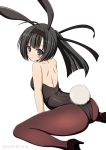  1girl 2015 :o ahoge akizuki_(kantai_collection) animal_ears artist_name bare_back bare_shoulders black_hair blush bunny_girl bunny_tail bunnysuit dated fake_animal_ears fake_animal_tail grey_eyes hachimaki hair_ornament hairband headband high_heels kantai_collection leotard long_hair looking_at_viewer looking_back lovelovemaid playboy_bunny_leotard ponytail rabbit_ears simple_background solo tail white_background 