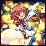  1girl alcohol beer beer_mug drum horikawa_raiko instrument jewelry lowres necklace one_eye_closed pote_(ptkan) red_eyes redhead short_hair solo touhou 