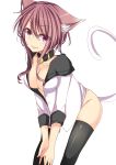  1girl animal_ears bell black_legwear bloodcatblack breasts brown_hair cat_ears cat_tail cleavage collar highres jingle_bell leaning_forward looking_at_viewer no_panties original pink_eyes simple_background smile solo tail thigh-highs white_background 