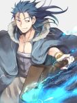  1boy blue_hair cape cu_chulainn_(fate/grand_order) fate/grand_order fate_(series) lancer long_hair nikame ponytail red_eyes solo staff 