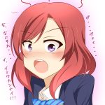 1girl avatar_of_fate blazer blush bowtie d: flustered highres looking_at_viewer love_live!_school_idol_project nishikino_maki nose_blush open_mouth pink_hair solo surprised teeth tsundere upper_body violet_eyes 