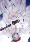  1girl dress elbow_gloves electric_guitar garters gloves green_eyes green_hair guitar gumi head_wreath highres instrument naju0517 payot solo thigh-highs upside-down vocaloid white_dress white_gloves white_legwear 