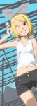  1girl akinbo_(hyouka_fuyou) blonde_hair dutch_angle green_eyes hair_ornament hair_ribbon hairclip highres kagamine_rin navel one_eye_closed ramune ribbon short_hair shorts solo vocaloid 