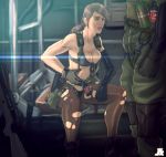  1boy 1girl bikini blue_eyes breasts brown_hair cleavage explosive front-tie_bikini front-tie_top grenade gun highres holster jesus_avalos long_hair metal_gear_(series) metal_gear_solid metal_gear_solid_v mismatched_gloves pantyhose planted_weapon ponytail quiet_(metal_gear) rifle single_elbow_glove sitting sniper_rifle soldier suspenders swimsuit thigh_holster torn_clothes torn_pantyhose weapon 