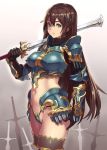  1girl armor armored_boots bikini_armor black_gloves brown_hair brown_legwear gauntlets gloves green_eyes hair_ornament holding_weapon houtengeki long_hair looking_at_viewer navel original over_shoulder shoulder_armour solo sword thigh-highs very_long_hair weapon weapon_over_shoulder 