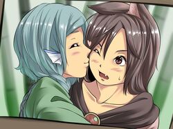  2girls animal_ears blue_hair brooch brown_hair cheek_kiss closed_eyes dress fang head_fins heart highres imaizumi_kagerou japanese_clothes jewelry kimono kiss long_hair mermaid monster_girl multiple_girls one_eye_closed open_mouth red_eyes shika_miso short_hair smile touhou wakasagihime wolf_ears yuri 