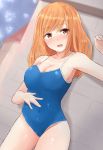  1girl armpits blush breasts brown_eyes character_request cleavage copyright_request large_breasts looking_at_viewer naigou open_mouth orange_hair solo swimsuit 