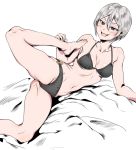  1girl bikini black_bikini blush breasts brown_eyes earrings fang hyouzou_(xghsnx) idolmaster idolmaster_cinderella_girls jewelry o-ring_bikini shiomi_shuuko short_hair silver_hair smile solo swimsuit 