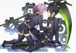  1boy 1girl black_hair brown_eyes girl_on_top gloves green_eyes hiiragi_shinoa hyakuya_yuuichirou kenkaizar military military_uniform owari_no_seraph scythe sitting smile thigh-highs uniform weapon white_gloves zettai_ryouiki 