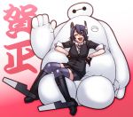  1girl baymax big_hero_6 chiba_toshirou disney eyepatch gloves headgear kantai_collection necktie open_mouth purple_hair school_uniform short_hair sitting sitting_on_lap sitting_on_person tenryuu_(kantai_collection) thigh-highs translation_request 