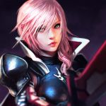  1girl armor blue_eyes face final_fantasy final_fantasy_xiii ilya_kuvshinov lightning_farron lips long_hair looking_at_viewer pink_hair popped_collar revision simple_background smile solo sword upper_body weapon 
