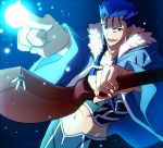  1boy blue_hair cape fate/stay_night fate_(series) lancer magic midriff pointing ponytail sen_(77nuvola) solo 
