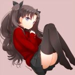  1girl black_hair black_legwear blue_eyes dated fate/stay_night fate_(series) fetal_position hair_ribbon long_hair looking_at_viewer nagian no_shoes ribbon skirt solo thighhighs tohsaka_rin toosaka_rin two_side_up 