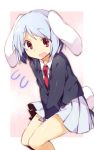  1girl akagashi_hagane animal_ears between_legs blazer bunny_tail collared_shirt flying_sweatdrops lavender_hair lavender_skirt long_sleeves necktie open_mouth pleated_skirt rabbit_ears red_eyes reisen shirt short_hair skirt solo tail touhou 