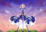  1girl ahoge armor armored_dress blonde_hair dress excalibur fate/stay_night fate_(series) field gauntlets hands_on_hilt planted_sword planted_weapon riku_(lingsky) saber solo sword weapon 