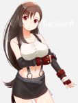  1girl bare_shoulders black_hair breasts collarbone copyright_name cowboy_shot dated earrings final_fantasy final_fantasy_vii fingerless_gloves gloves jewelry long_hair looking_at_viewer midriff nagian navel parted_lips red_eyes skirt sleeveless solo suspenders tifa_lockhart 