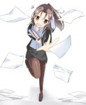  1girl alternate_costume binder blush brown_hair formal high_heels kanisaka_shizuku kantai_collection long_hair office_lady open_mouth outstretched_hand pantyhose paper ponytail solo suit tagme wavy_mouth zuihou_(kantai_collection) 