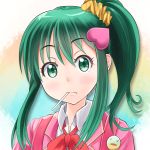  1girl bangs blush candy green_eyes green_hair hair_ornament heart_hair_ornament lollipop mouth_hold payot ponytail serizawa_momoka short_hair taka_shida tokyo_7th_sisters 