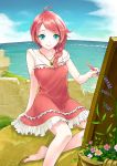  1girl ahoge bare_shoulders barefoot braid canvas_(object) dress green_eyes highres jewelry necklace ocean redhead short_hair single_braid sky sleeveless solo water 