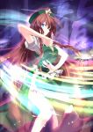  1girl aqua_eyes beret braid chinese_clothes colored_eyelashes commentary_request fighting_stance hat hong_meiling long_hair looking_at_viewer puffy_short_sleeves puffy_sleeves redhead shika_lq short_sleeves solo spell_card tangzhuang touhou twin_braids 