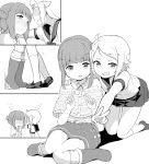  2girls against_wall blush braid french_braid looking_at_another looking_at_viewer monochrome multiple_girls nagian nonohara_hime open_mouth school_uniform serafuku short_hair smile tokyo_7th_sisters tsunomori_rona yuri 