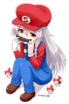  1girl ahoge braid cosplay facial_hair gloves grey_eyes hat hoshi_shouko idolmaster idolmaster_cinderella_girls long_hair mario mario_(cosplay) mushroom mustache nagian silver_hair single_braid solo super_mario_bros. 