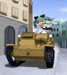  1girl anchovy blush carro_veloce_cv-33 casual drill_hair girls_und_panzer green_hair hair_ribbon highres holding long_sleeves military military_vehicle name_tag newspaper open_mouth ribbon riding smile solo tank track_jacket twin_drills twintails vehicle yamucya01 