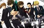  5boys belt black_eyes black_hair blonde_hair blue_eyes braid brown_hair chang_wufei copyright_name dominator_(gun) duo_maxwell formal glasses grin gun gundam gundam_wing heero_yuy ikuhiro_(19nnnkti16) multiple_boys necktie open_mouth psycho-pass quatre_raberba_winner short_hair smile suit teeth trigger_discipline trowa_barton weapon 