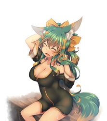  1girl animal_ears breasts brown_hair cleavage closed_eyes kuromiya kuromiya_raika long_hair multicolored_hair original solo tail 