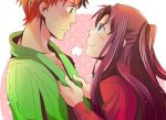  1boy 1girl blue_eyes blush breath brown_hair emiya_shirou fate/stay_night fate_(series) green_jacket jacket orange_hair tokie two_side_up yellow_eyes 