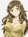  1girl breasts brown_hair cleavage hair_ornament hairclip hairu long_hair off_shoulder open_mouth shinomiya_himawari solo sweater upper_body vividred_operation white_background yellow_eyes 