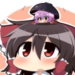  +++ 2girls :d :o blush bow bowl_hat brown_hair chibi hair_bow hair_ribbon hair_tubes hakurei_reimu large_bow minigirl multiple_girls open_mouth outline person_on_head purple_hair red_eyes ribbon smile sukuna_shinmyoumaru touhou twumi 