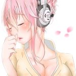  1girl aki_sakura alternate_hairstyle blush breasts cleavage closed_eyes headphones japanese_clothes kimono large_breasts long_hair looking_away nitroplus open_mouth pink_hair red_eyes solo super_sonico 