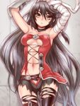  1girl armpits arms_up bandages black_hair black_legwear breasts brown_eyes choker expressionless folks_(nabokof) long_hair short_shorts shorts solo tales_of_(series) tales_of_berseria thigh-highs torn_clothes torn_thighhighs under_boob velvet_(tales) 