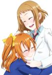  2girls blush brown_hair closed_eyes gecko4488 hug kira_tsubasa kousaka_honoka love_live!_school_idol_project multiple_girls school_uniform scratching_chin short_hair side_ponytail smile 