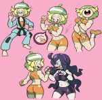  2girls @_@ ahoge bel_(pokemon) blonde_hair flexing green_eyes hairband hat hex_maniac_(pokemon) highres long_hair messy_hair multiple_girls muscle pokemon pokemon_(game) pokemon_bw pokemon_xy pose purple_hair sawk shenanimation short_hair violet_eyes 