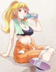  1girl arm_support bare_shoulders blonde_hair bottle breasts cleavage clothes_around_waist collarbone crossed_legs drinking e20 jumpsuit long_hair miru_eru navel plastic_memories ponytail red_eyes shiny shiny_hair solo sports_bra sweat towel towel_around_neck water_bottle 