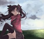  1girl black_hair blue_eyes fate/stay_night fate_(series) highres long_hair solo thigh-highs tohsaka_rin toosaka_rin two_side_up 