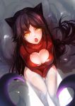  1girl ahri amber_eyes animal_ears black_hair breasts cleavage cleavage_cutout fang fishnets fox_ears fox_tail garter_straps large_breasts league_of_legends lipstick long_hair looking_up makeup open-chest_sweater open_mouth sitting slit_pupils solo sweater tail thigh-highs torn_clothes v_arms vel&#039;koz whisker_markings white_legwear yellow_eyes 