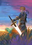  1girl ahoge alternate_costume armor armored_dress blonde_hair dress excalibur fate/stay_night fate_(series) gauntlets glowing glowing_sword glowing_weapon green_eyes highres hq19910119 saber solo weapon 