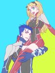  1boy 1girl adapted_costume blonde_hair blue_eyes blue_hair bodysuit fate/extra fate/stay_night fate_(series) lancer ooka ponytail thigh-highs toosaka_rin two_side_up 