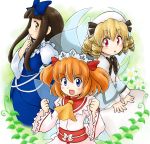  3girls ascot blonde_hair blue_dress blue_eyes bow brown_hair chestnut_mouth clenched_hands daisy dress drill_hair fairy_wings fang finger_to_mouth flower hair_bow hat hat_ribbon headdress long_hair long_sleeves looking_at_viewer luna_child multiple_girls nitamago obi open_mouth orange_hair profile red_eyes ribbon sash short_hair smile star_sapphire sunny_milk touhou twintails vines white_dress wings 