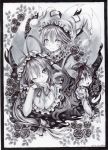  3girls animal_ears ballpoint_pen_(medium) breasts calligraphy_brush_(medium) cat_ears cat_tail chen cleavage dated dress flower fox_tail frame gap hair_ribbon hat hat_ribbon hat_with_ears jewelry long_hair looking_at_viewer mob_cap monochrome mosho multiple_girls multiple_tails nekomata one_eye_closed open_mouth ribbon rose signature single_earring smile tabard tail touhou traditional_media tress_ribbon very_long_hair yakumo_ran yakumo_yukari 